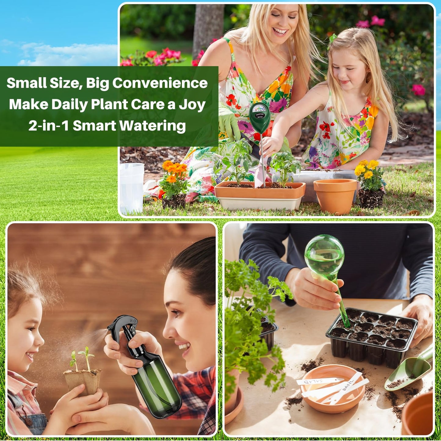 Reallnaive 6-piece Indoor Watering Can Set – 1 Gal Can, 6.8 oz Spray, 15 oz Squeeze, Plant Watering Globes & Soil Moisture Meter, Indoor & Outdoor Plant Care(White)
