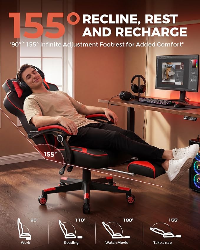 GTPLAYER Gaming Chair with Footrest, Big and Tall Game Chair 350lb Racing Style