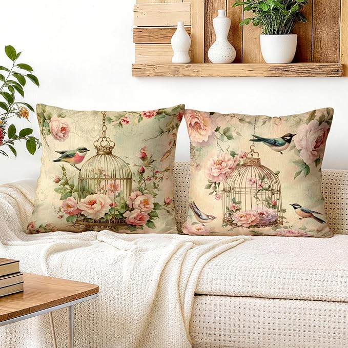 OBSEDE Vintage Throw Pillow Covers Set of 2, 18x18 Inch Pink Rose and Bird Print
