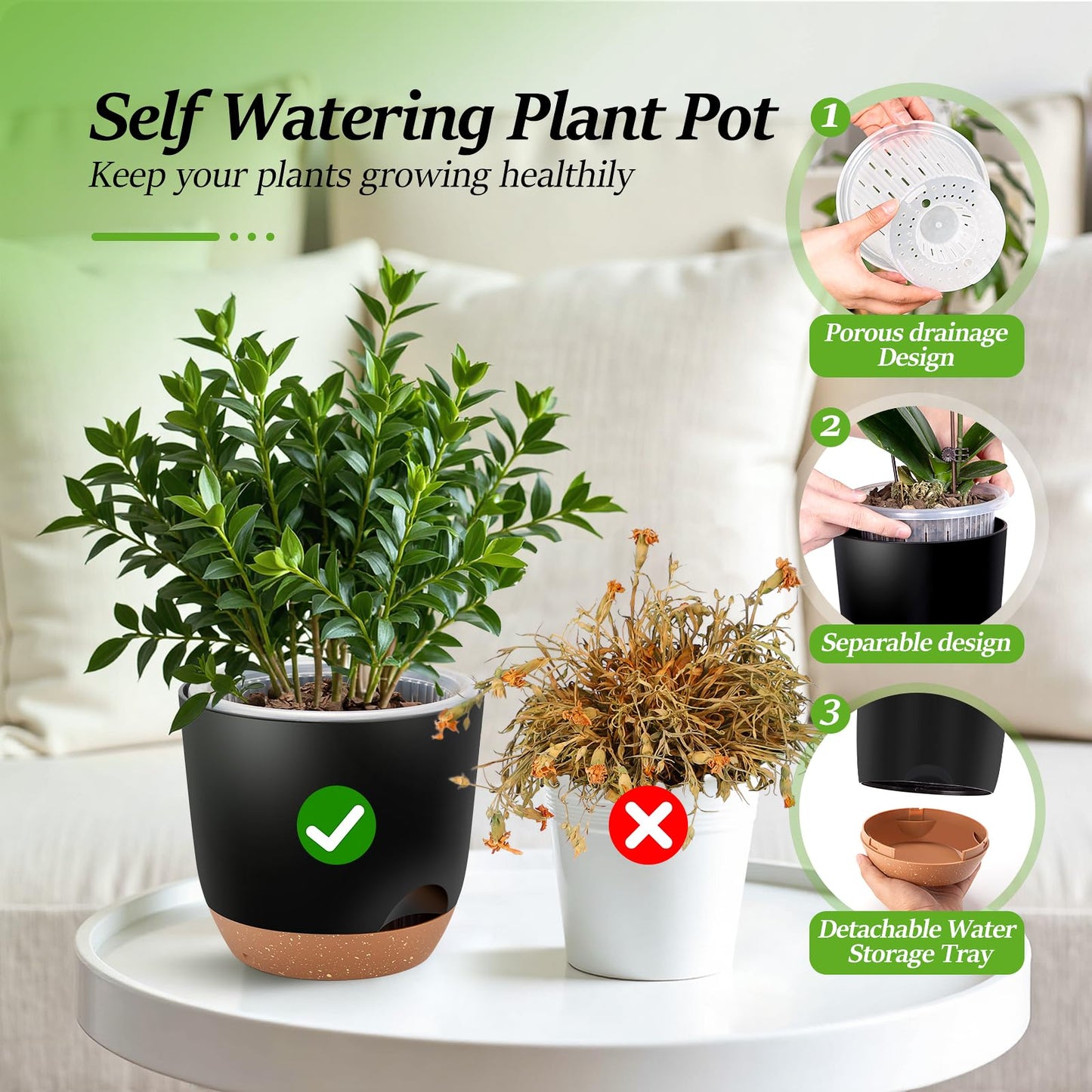 Sxueg Self Watering Orchid Pots for Indoor Plants,5.8 Inch Macetas para Orqudeas,Flower Pots for Indoor Plants with Holes(Black)