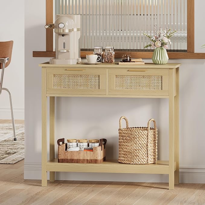 Trironsun Farmhouse Rattan Console Table