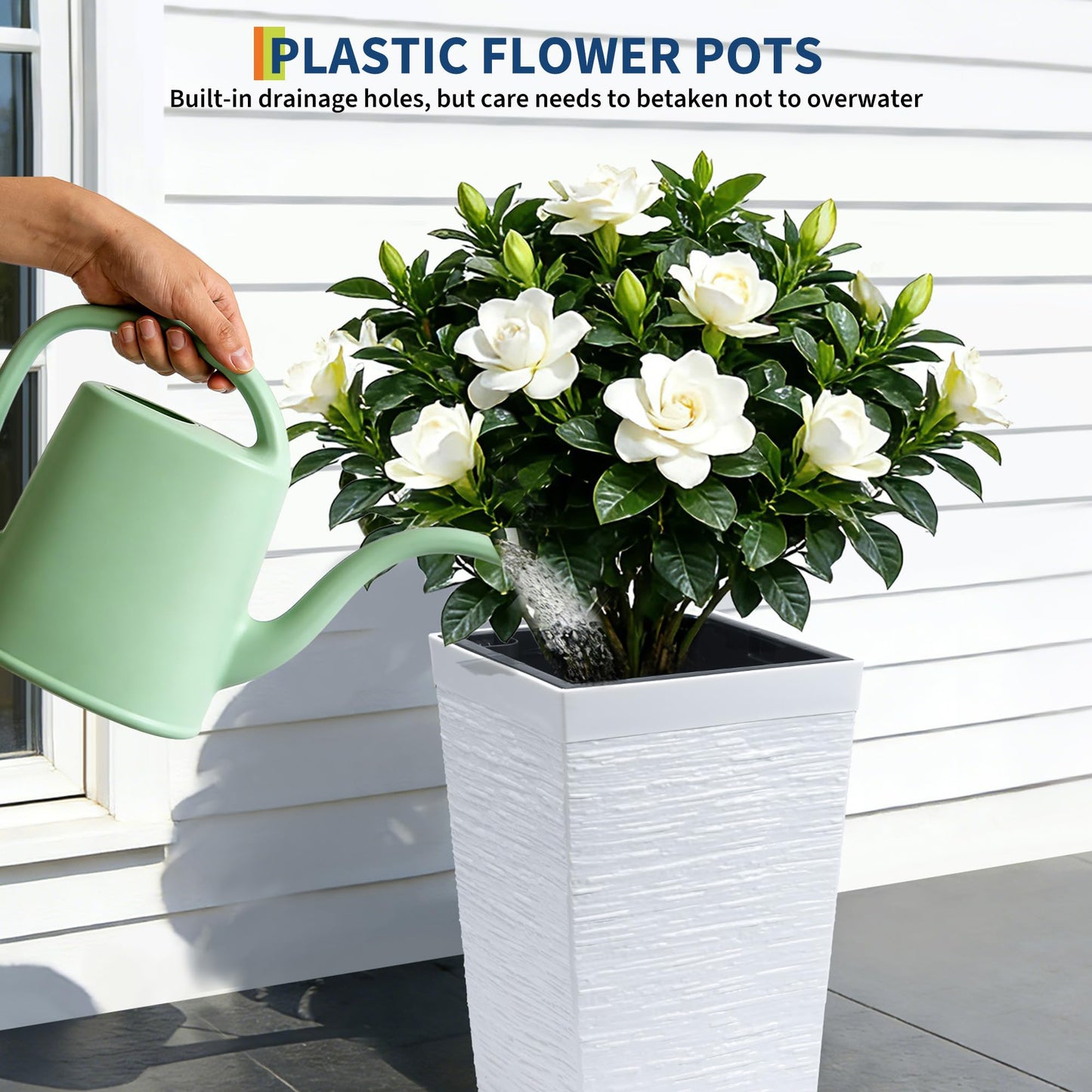 Garvee 16" Tall Planters Set of 2, Self Watering Tall Planters, Outdoor＆Indoor Planter Pots, High Front Porch Planters Pots with Drainage Holes＆Water Level Monitor, White