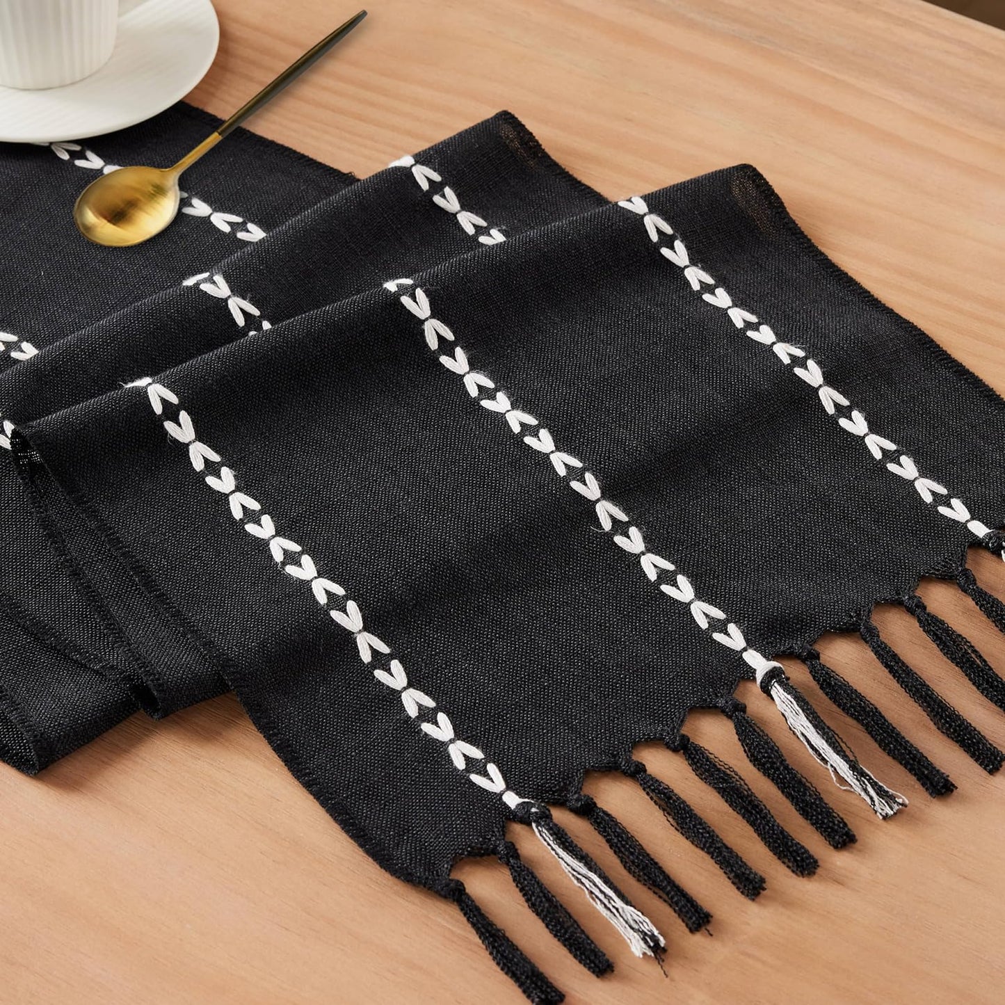 Niviy Halloween Black Table Runner 48 Inches Long, Fall Black Embroidered Striped Braided Boho Table Runner for Holiday Home Party Indoor Outdoor 12 x 48 Inch