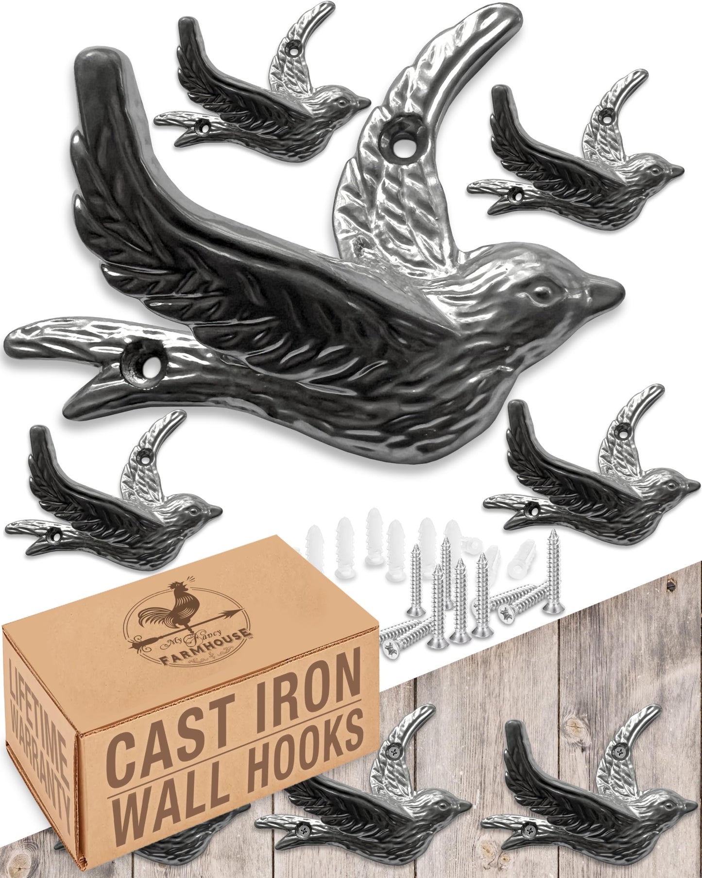 Flying Bird Decorative Wall Hooks (5 Pack) Cast Iron, Silver Coat Hooks, Wall Mounted - Farmhouse Decor, Hooks for Coats, Bags, Hats, Towels, Easy to Install (Antique Silver Hooks)