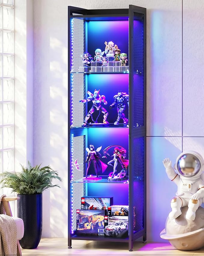 AODK Display Case with LED Lights, Display Cabinet with Open Glass Shelves