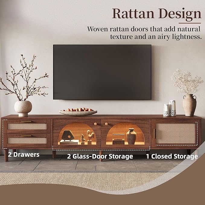 Merax Rattan TV Stand with LED Lights, Solid Wood Feet, Living Room, Bedroom