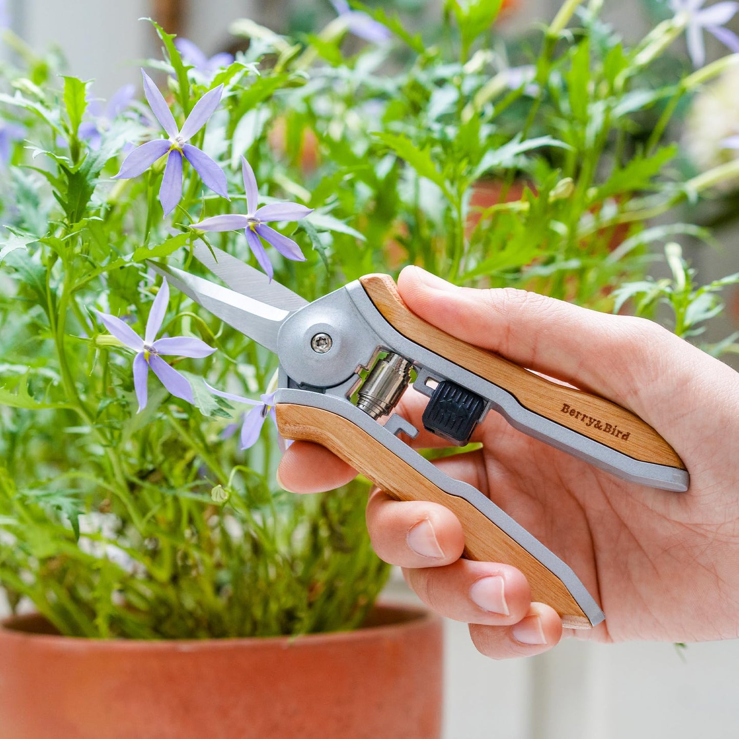 Berry&Bird Mini Pruning Shears for Gardening Straight Blades Hand Pruners with Wooden Handle Garden Scissors Snips Stainless Steel Trimming Small Clippers Bonsai Compact Size Shearing Tool