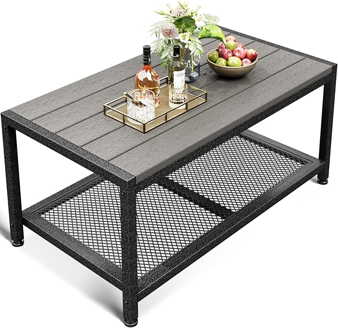 ODK Outdoor Coffee Table with Double-Layer Storage, Rectangle Weather-Resistant