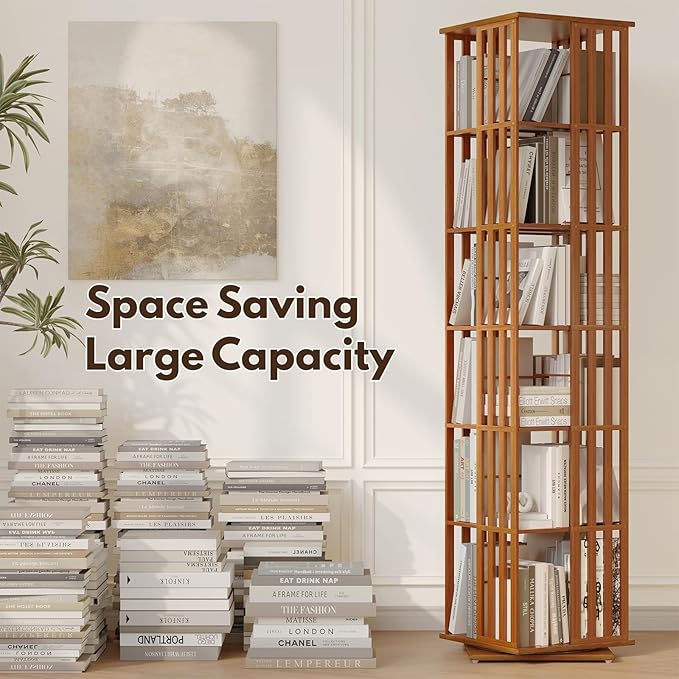 YOWOS Rotating Bookshelf Tower, 360° Display Spinning Bookcase, Bamboo