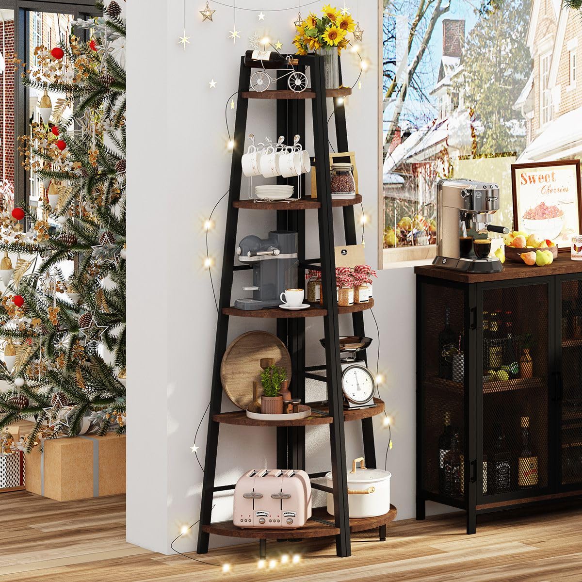BON AUGURE 5-Tier Corner Ladder Shelf Stand, Black Metal Wood Corner Bookshelf, Narrow Tall Display Bookcase Shelving Unit for Living Room, Home Office, Small Space (Rustic Oak)