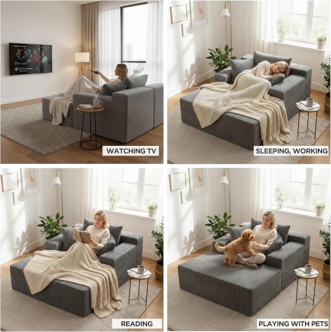Sytopia Chaise Lounge with Armrests, Oversized Sofa Bed with 3 Pillows