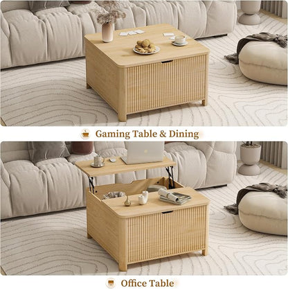 LYNCOHOME 31.5" Fluted Lift Top Coffee Table with Storage, Square Coffee Tables for Living Room, Coffee Table with Large Hidden Storage Compartment and Adjustable Shelves，Natural
