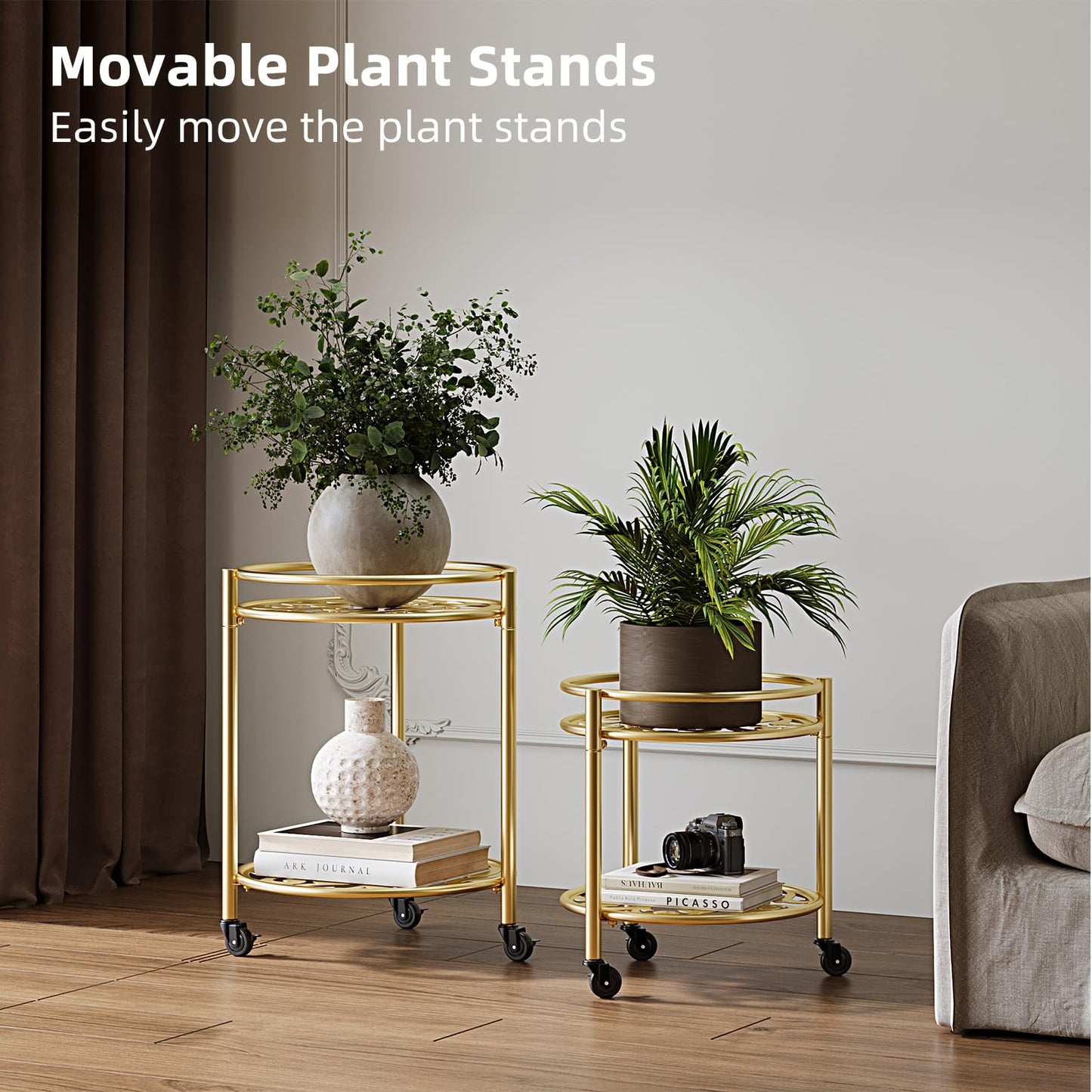 Rioneta Rolling Plant Stand with Wheels – 2 Tier Flower Pot Holder for Indoor & Outdoor, Easy Move Cart for Balcony, Patio, Garden, 165 lbs Capacity Golden