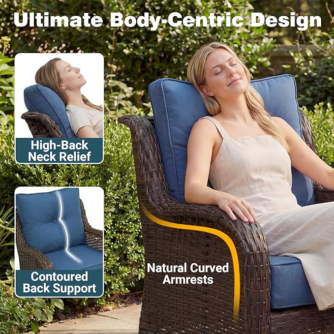 Patio Furniture Set, High Back Rattan Sofa & Swivel Rocker Chairs, Weather