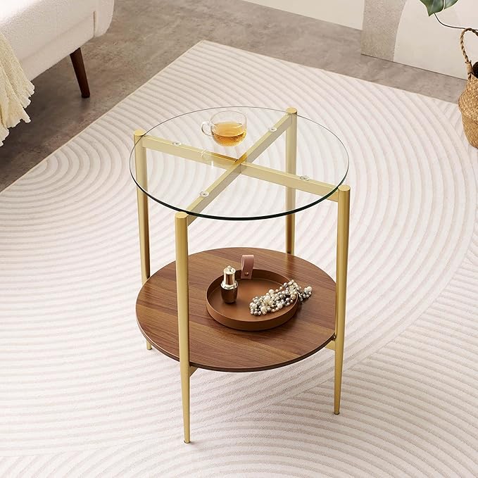 LumFurn Round Glass End Table, Mid-Century Modern Design Sofa Table
