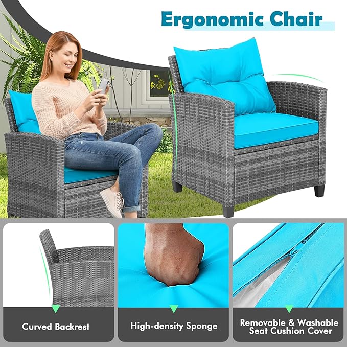 HAPPYGRILL 3 Pieces Patio Conversation Set, Outdoor Furniture Set PE Rattan