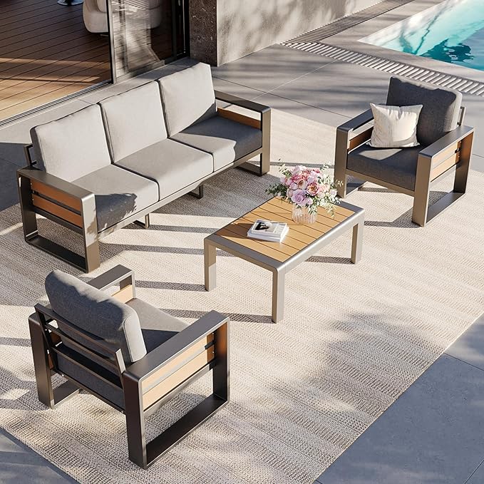 Aoxun Aluminum Outdoor Patio Furniture Set, Coffee Table ×1, Dark Grey & Light