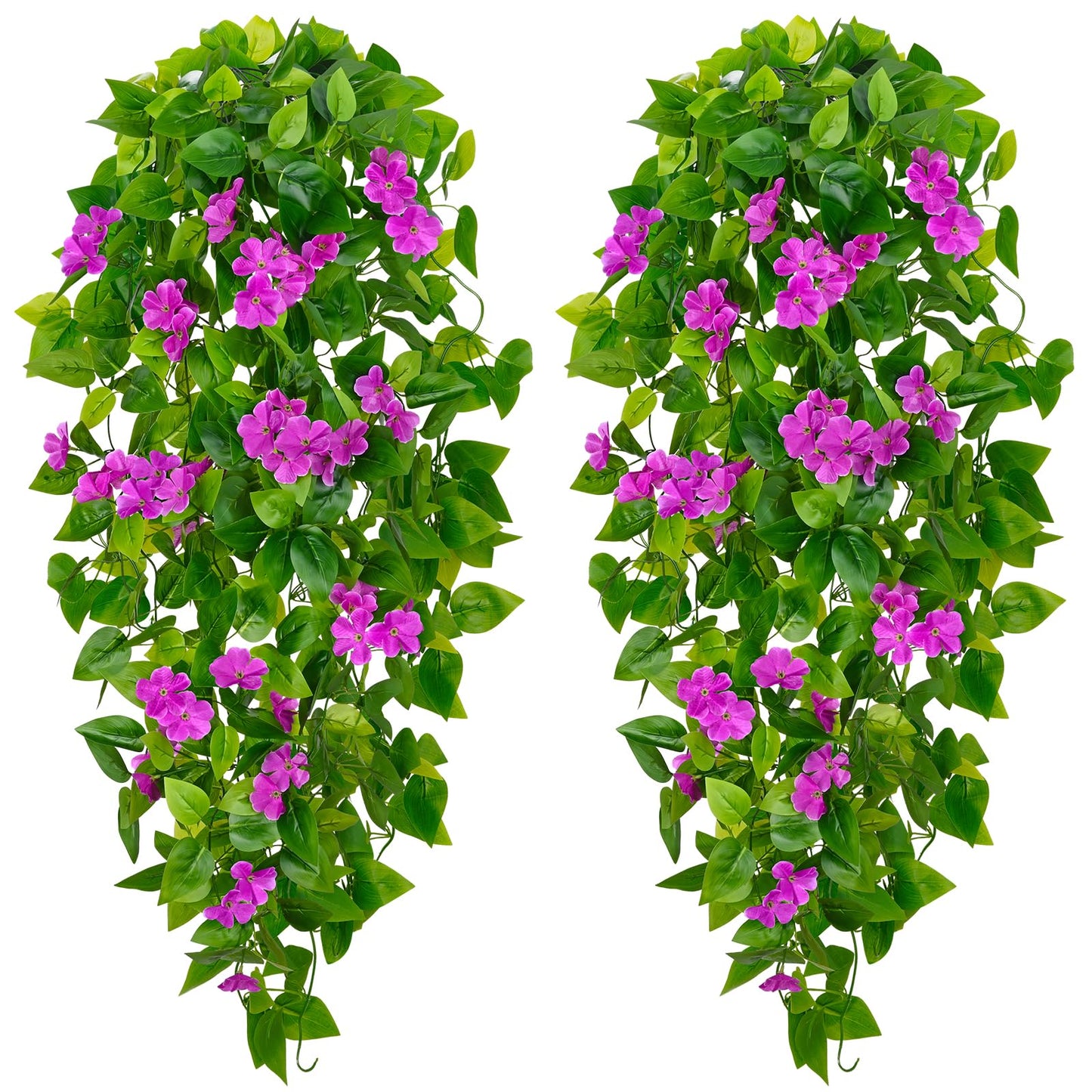 BLEUM CADE Artificial Hanging Flowers for Outdoors, 2pcs Fake Hanging Plants Pothos Vines with Purple Flowers for Wall Home Living Room Indoor Outdoor Decor (No Baskets)