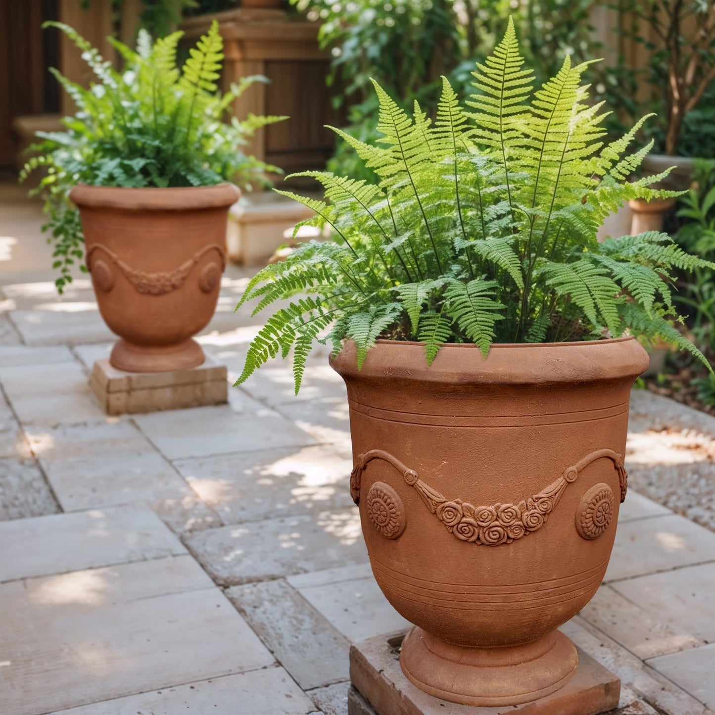 Worth Garden Large Urn Planter - 14" Dia x 16.5" H Lightweight Magnesium Oxide Plant Pot with Cement Texture - Rust-Like Finish Concrete Urn Planter with Drainage Hole for Indoor & Outdoor Decor