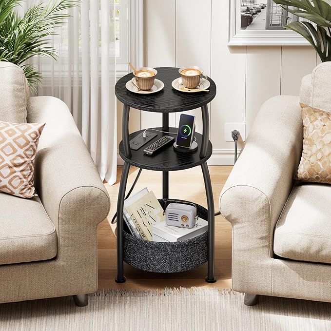 Round Side Table with Power Outlets, Small Coffee Table with S Basket, Space