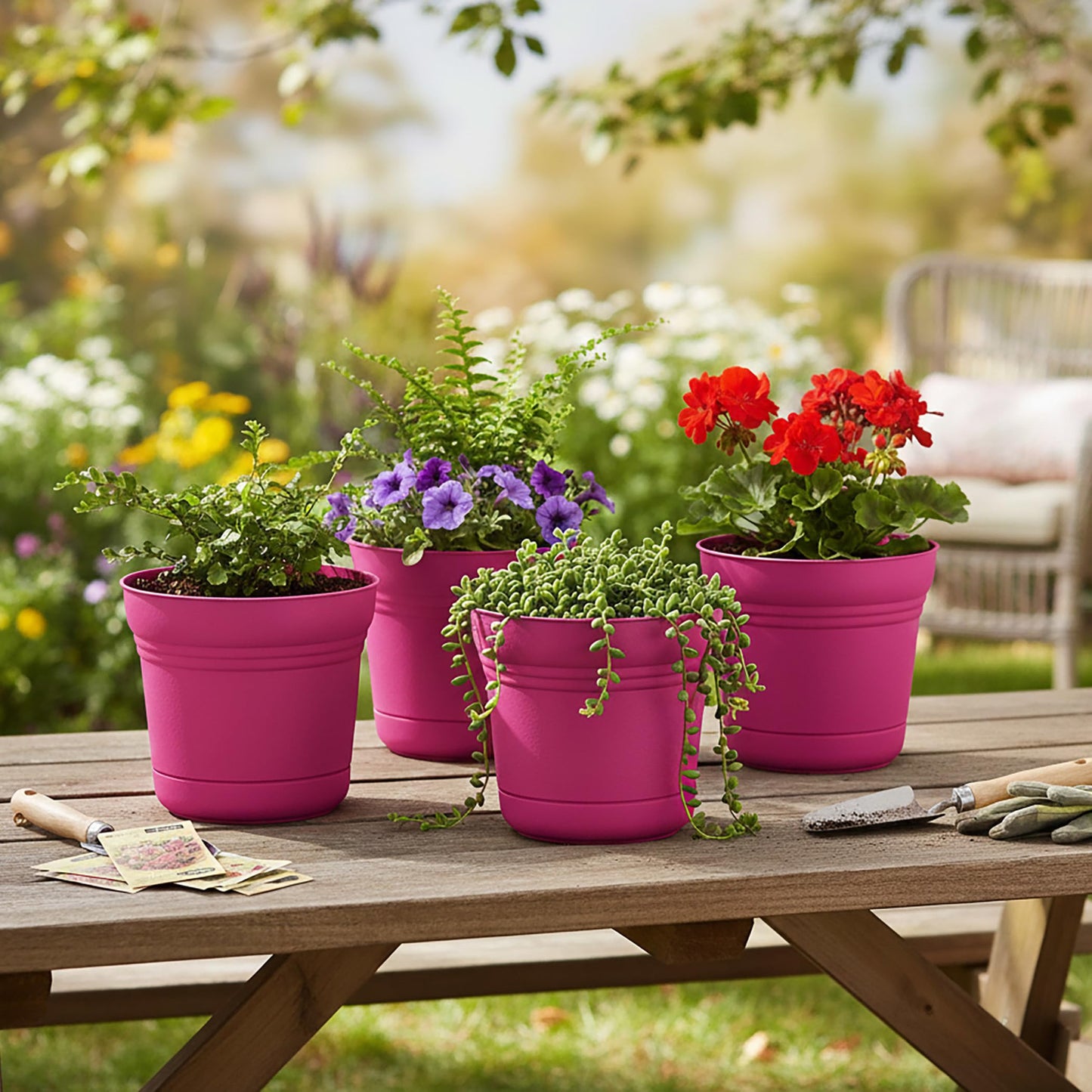 Bloem Saturn 7" Round Plastic Planter - Indoor/Outdoor, Snap-in Saucer & Drainage Holes, Fuchsia, 4-Pack