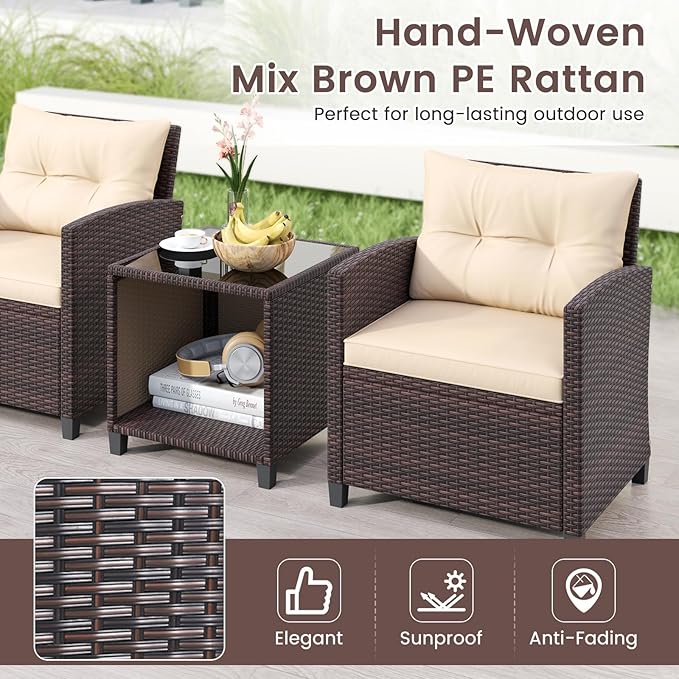 HAPPYGRILL 3 Pieces Patio Conversation Set, Outdoor Rattan Wicker Chairs &