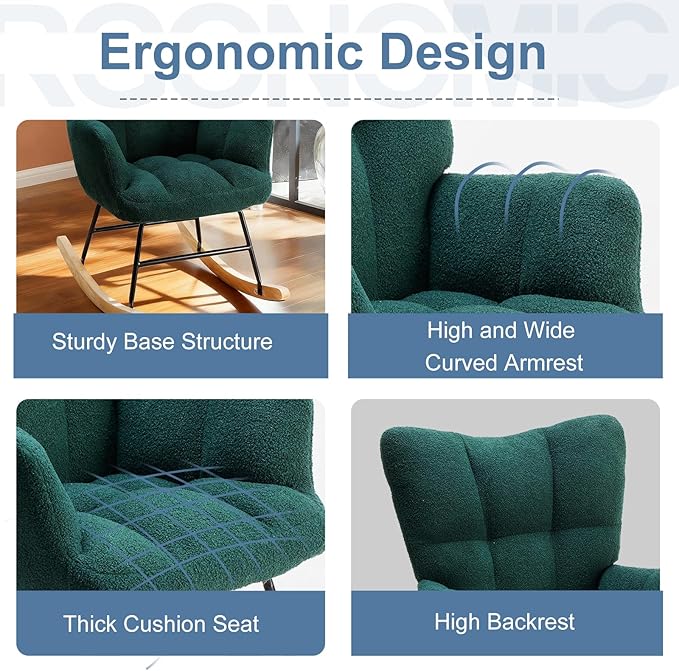 DUMOS Rocking Chair with Wing Backrest, Teddy Comfy Upholstered Indoor Reading