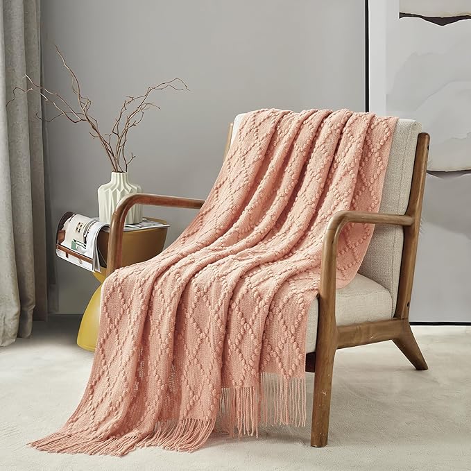 BOURINA Orange Throw Blanket 50 x70 Inches Jacquard Argyle Throw Textured Solid