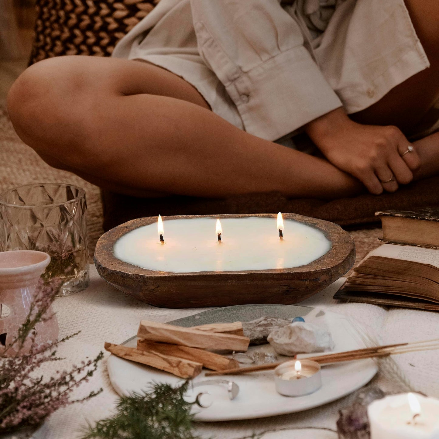 Dough Bowl Candle Co. Pumpkin Spice Soy Candle - 3 Wick Rustic Farmhouse Coffee Table Decor, Odor Eliminator in Wooden Bowls, 20 Ounce Wooden Dough Bowl Candle, All-Natural Gifts for Women and Men