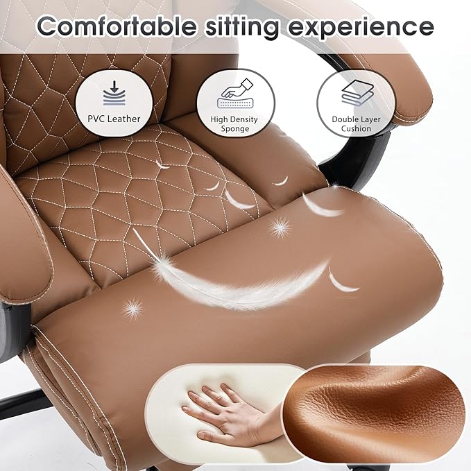 High Back Office Chair with Footrest, 155° Reclining Leather Comfy Desk Chair