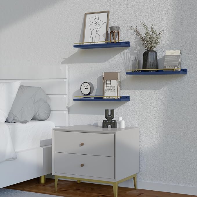 WOPITUES Floating Shelves with Gold Metal Guardrail, Shelves