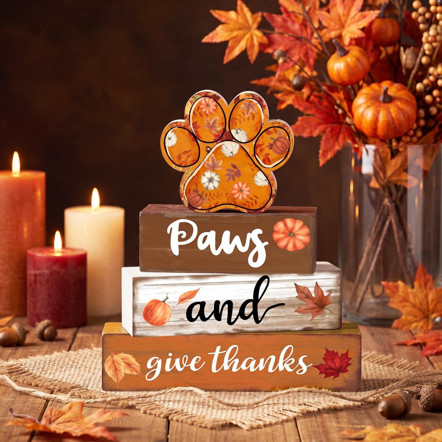 Amyhill 4 Pcs Fall Dog Paw Print Decorations Autumn Pet Lover Gift Wooden Pumpkin Maple Leaf Tiered Tray Set Table Centerpiece Sign Decor Thanksgiving Harvest Sign for Shelf Coffee Bar Home
