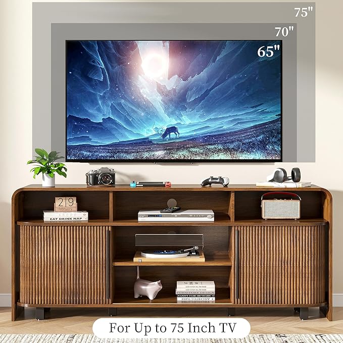 Walnut TV Stand for 65 70 75 Inch TV, Fluted Mid Century Modern TV Console
