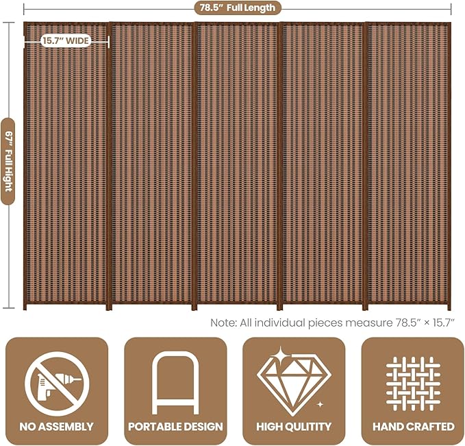 5 Panel Room Divider and Extra Wide Folding Privacy Screen, Bamboo Room Divider