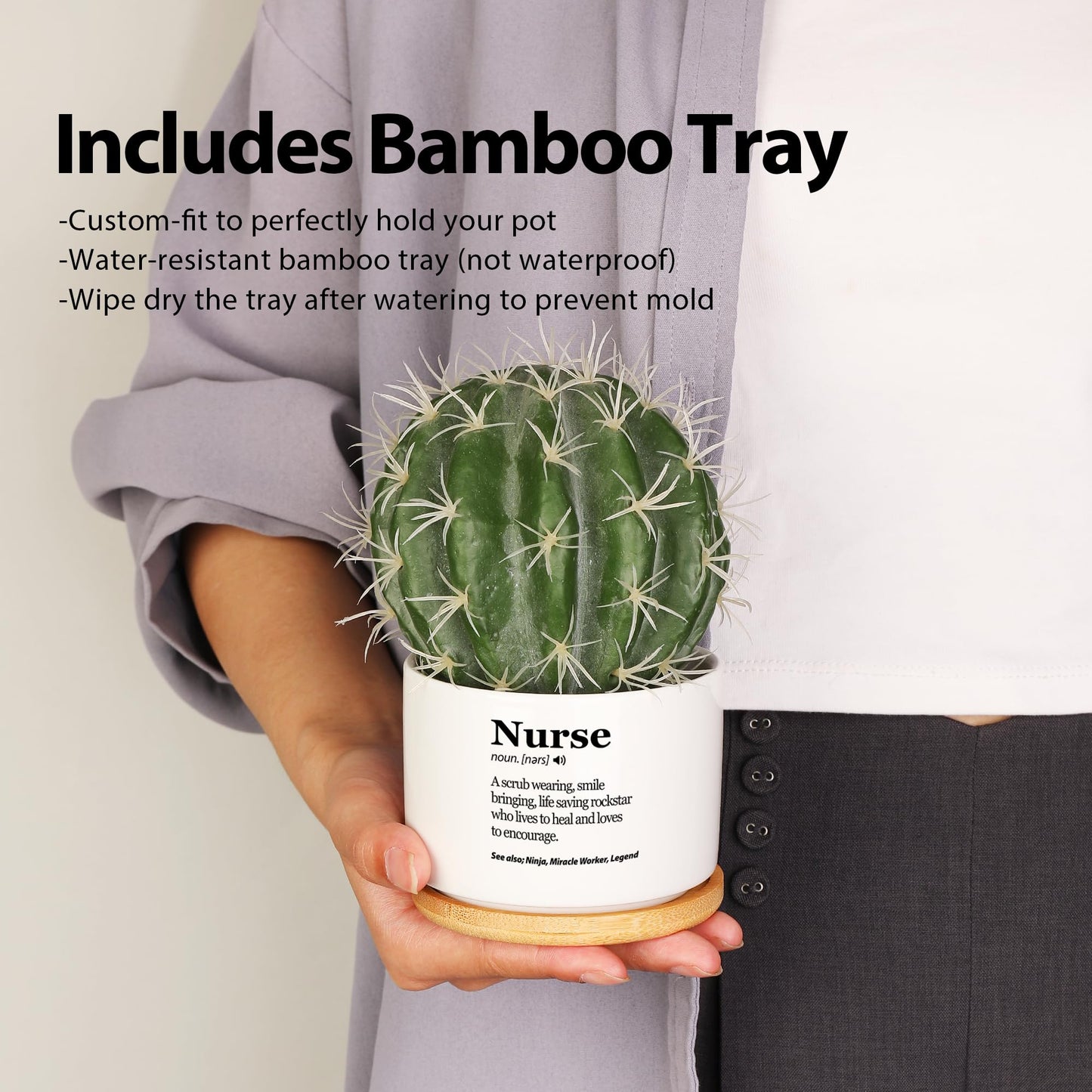 Nurse Definition Nurse Gift Appreciation Nurses Week Nursing Student Practitioner RN Graduation Gifts Ceramic Succulent Plant Pot with Bamboo Tray Round Home Office Decor 3.5 Inch White (No Plants)