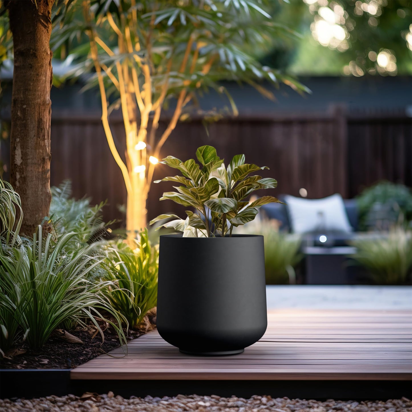 Kante 15.3" Dia Round Concrete Planter, Outdoor Indoor Large Plant Pots Containers with Drainage Hole and Rubber Plug for Home Garden Patio, Black