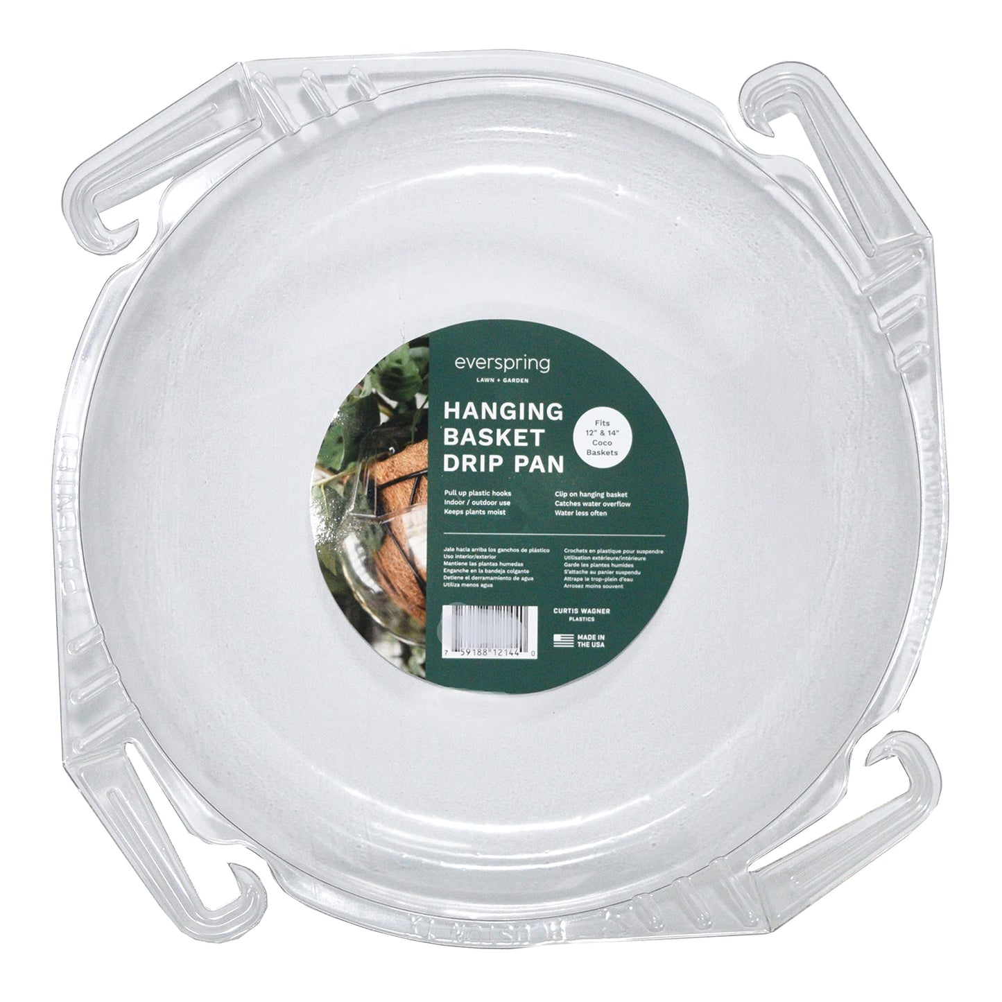 Curtis Wagner Plastics Wire Coco Hanging Basket Drip Pans (5-Pack) | Clear, Round (Top 12” - 14", Depth 3.75") Hanging Plant Tray Saucer with Built-in Hooks & Water Catcher for Indoor & Outdoor