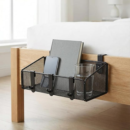 JDYOOMI Bedside Caddy Shelf Hanging Storage Basket for Bunk Bed and Office Cubical Walls,Baby Bed Rails,College Dorm Bed Organizer - 5 Pairs Sized Hooks-for Phone Glass Magazine Decor (White)