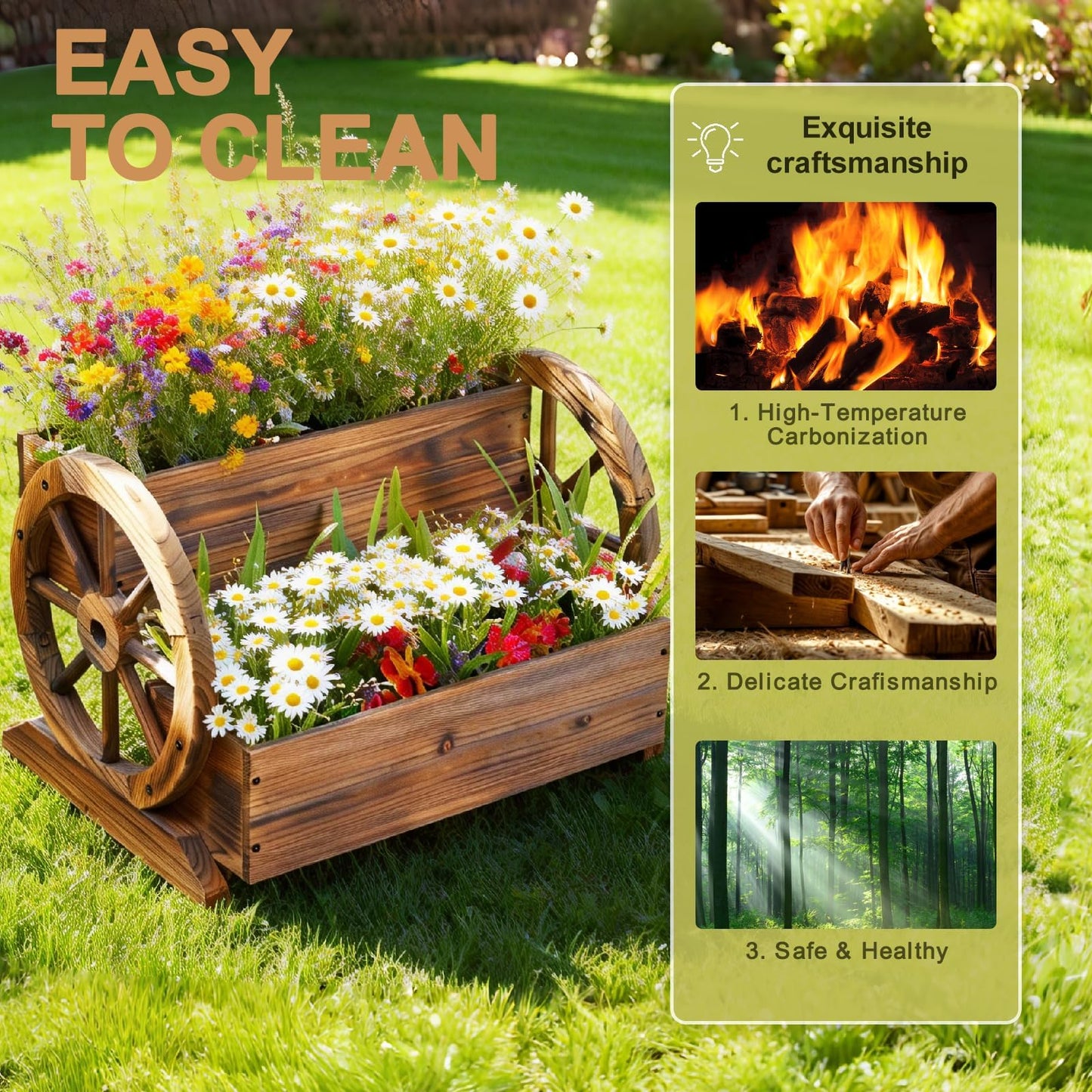 PUPATIOB Wooden Planter Box, 2-Tier Wagon Wheel Garden Planter with Wheels, Rustic Farmhouse Flower Cart Outdoor Decorative Vertical Raised Bed for Patio, Porch, Herbs & Succulents, Carbonized, Large
