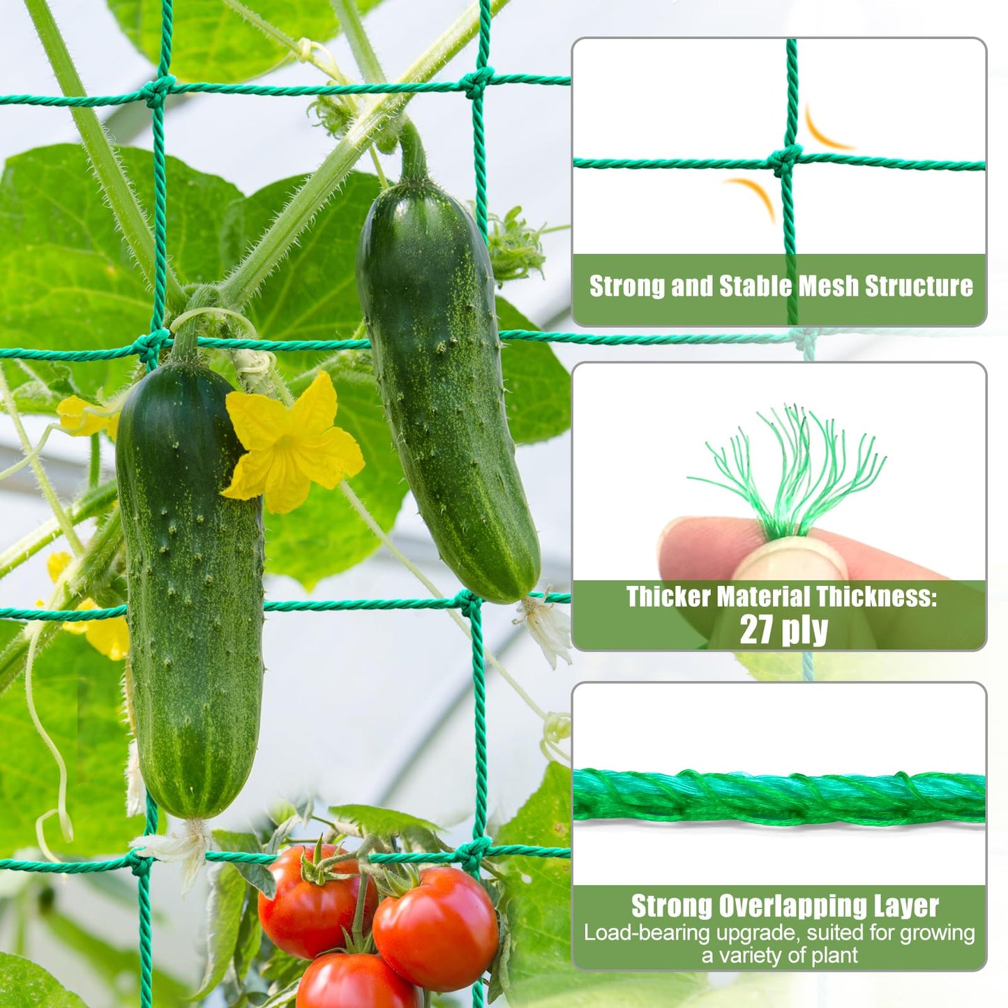 Trellis Netting, Heavy Duty Garden Netting for Trellis for Climbing Plants Outdoor, 16.5x6.6Ft Plant Netting for Cucumber, Tomato, 27 Strands & 4x4 IN Mesh, Grow Net for Vine, Fruits, Vegetables, Bean