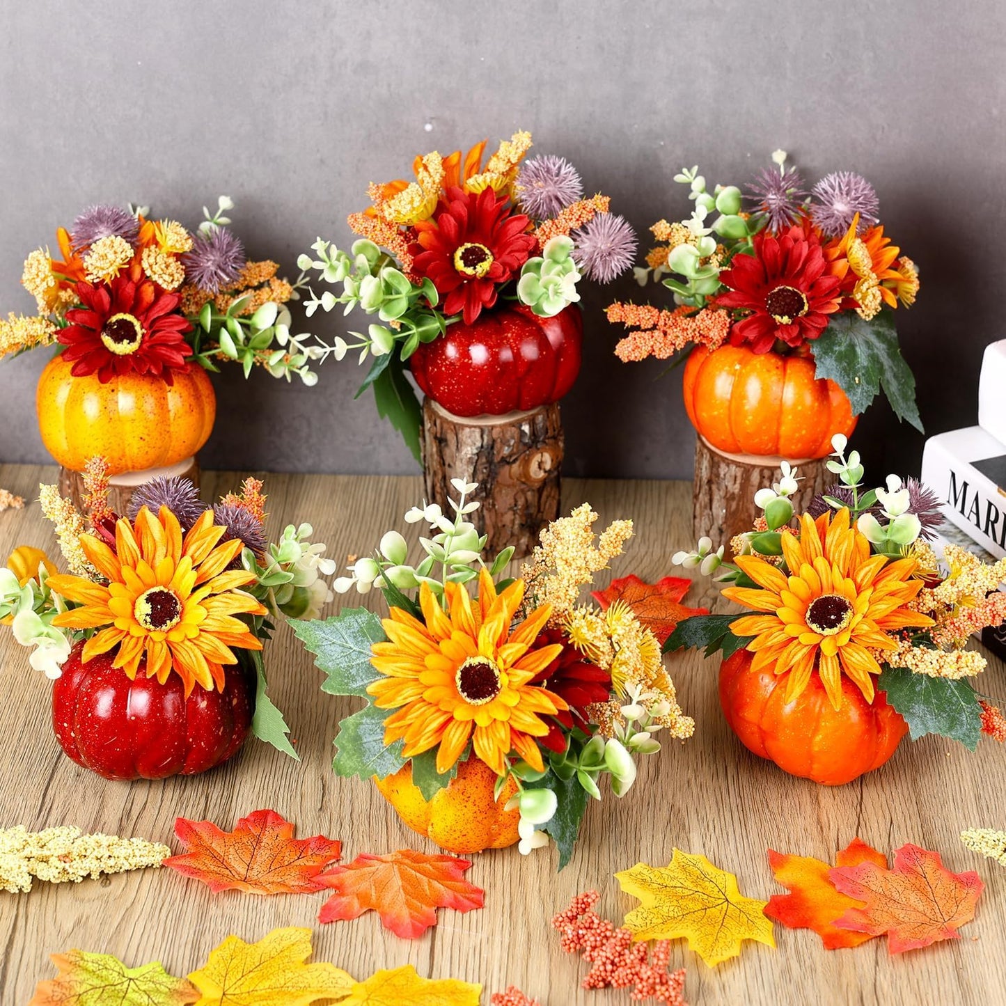 Set of 6 Mini Fall Pumpkin with Artificial Flower Decorations Thanksgiving Sunflower Centerpieces for Tables Harvest Fall Table Floral Decor Autumn Fireplace Mantle Living Room Home Kitchen Party
