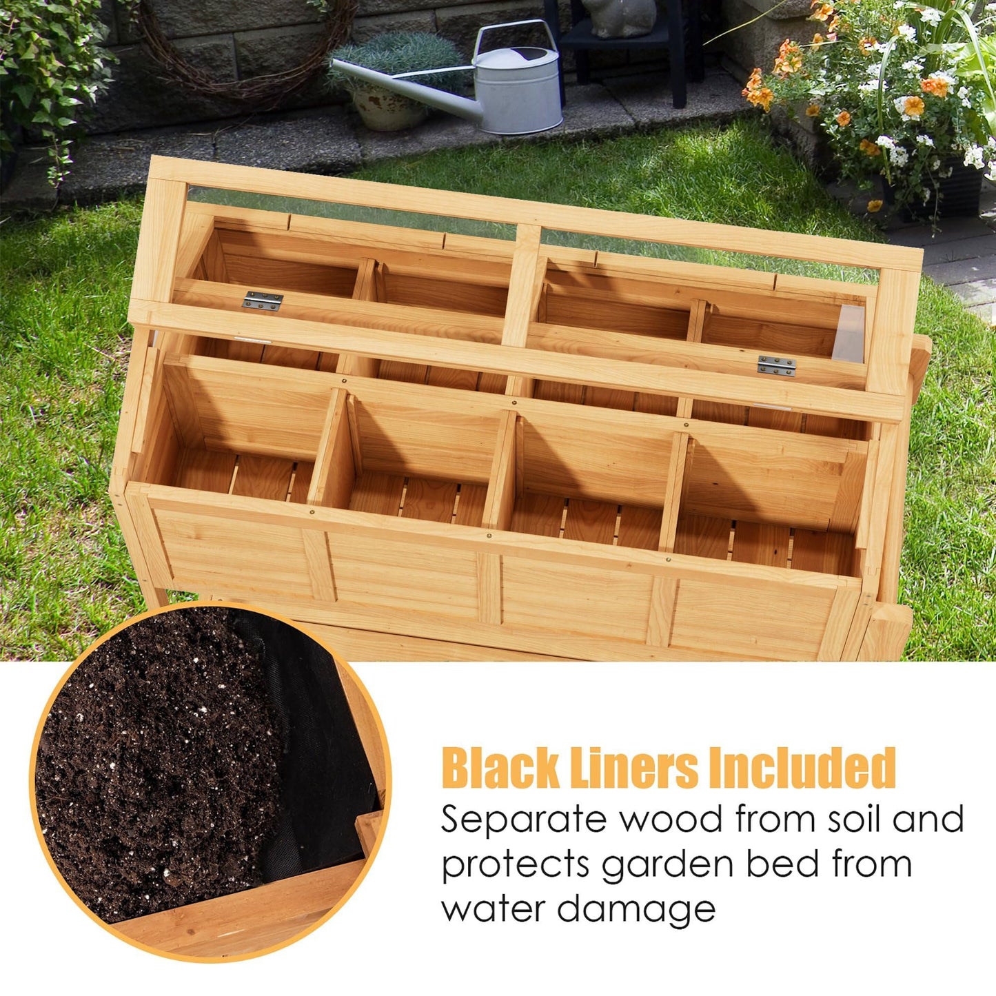 Raised Garden Beds on Wheels with Legs and Cover Elevated Garden Bed Herb Planter Box Cart Outdoor with Bed Liner,Storage Shelf,Seed Starter Tray for Backyard Patio Outside (Country Rustic)