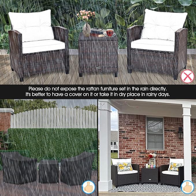 HAPPYGRILL 3 Pieces Patio Conversation Set, Outdoor Furniture Set PE Rattan