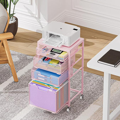 Sbanmao 4 Drawer Rolling File Cart Under Desk Storage, File Cabinets for Home Office, Mobile Filing Cabinet, Hanging File Organizer with Wheels, Utility Cart Printer Stand, Pink