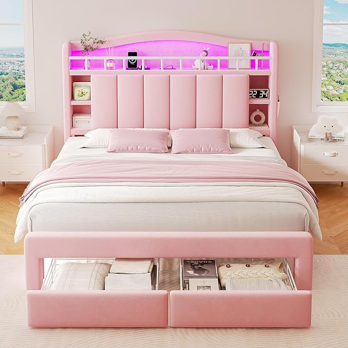 Full LED Bed Frame with Storage Headboard & 2 Storage Drawers, Princess Velvet