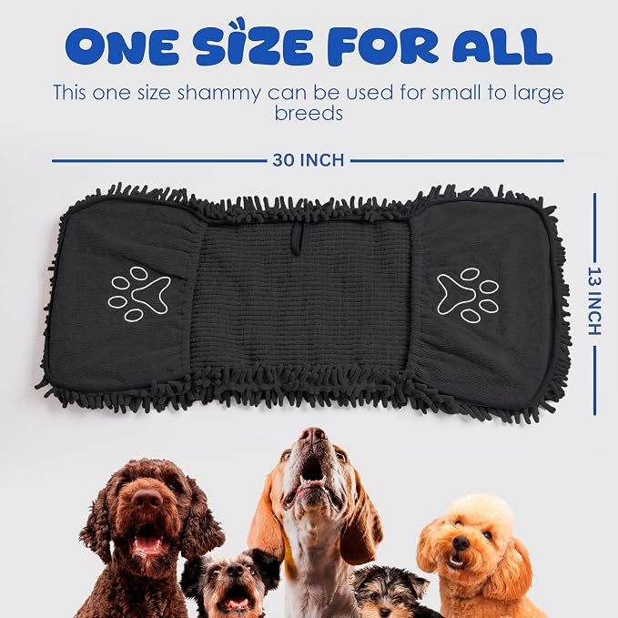 Dog Towel Microfiber, Black | Super Absorbent, Fast Dry, Hand Pockets, Large & Small Dogs, Machine Washable