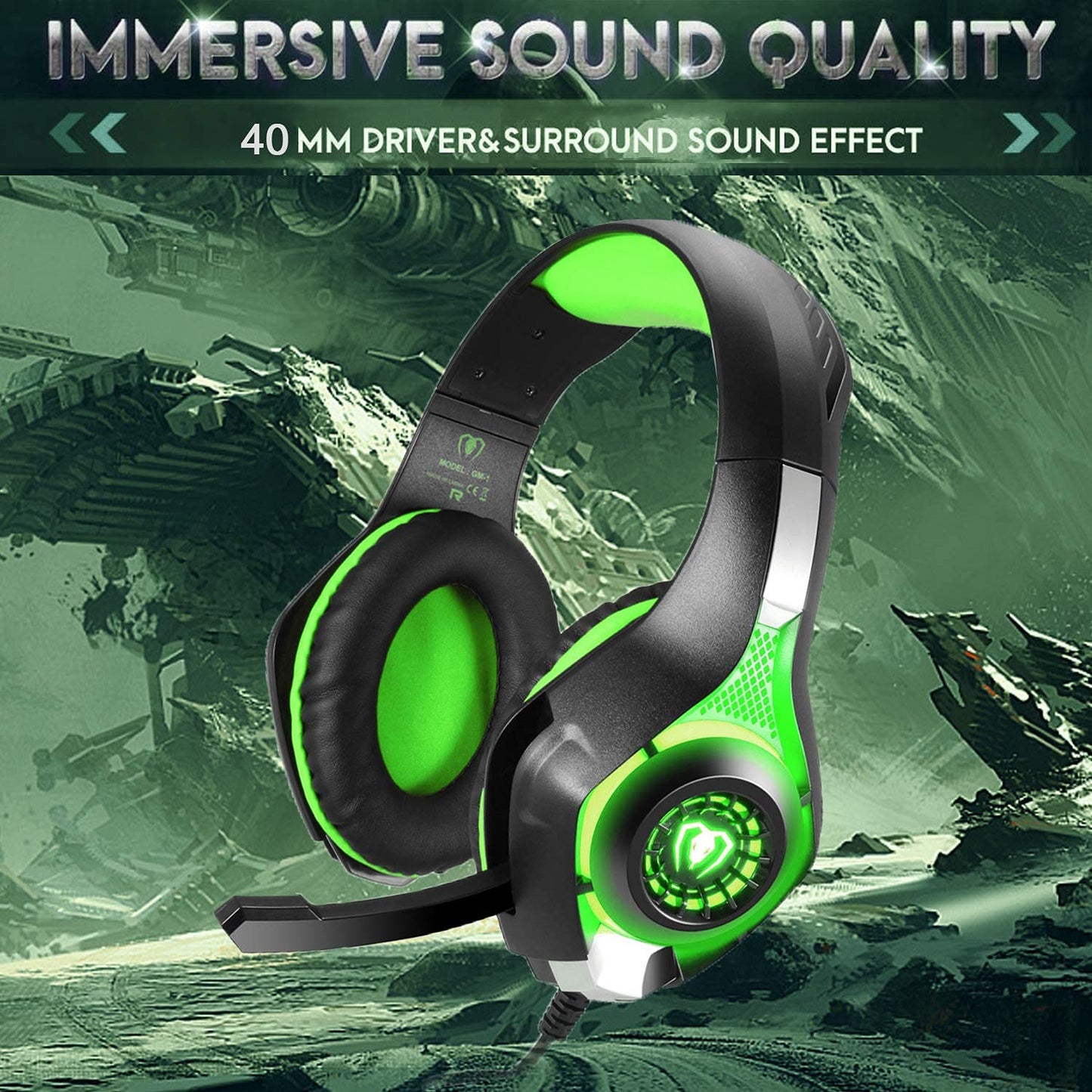 BlueFire Wired Gaming Headset for PS4 PS5 Xbox One PC – Over-Ear Headphones with Surround Sound, Noise Canceling Mic, Soft Memory Foam, LED Light, 3.5mm Jack for Console & Laptop (Green)