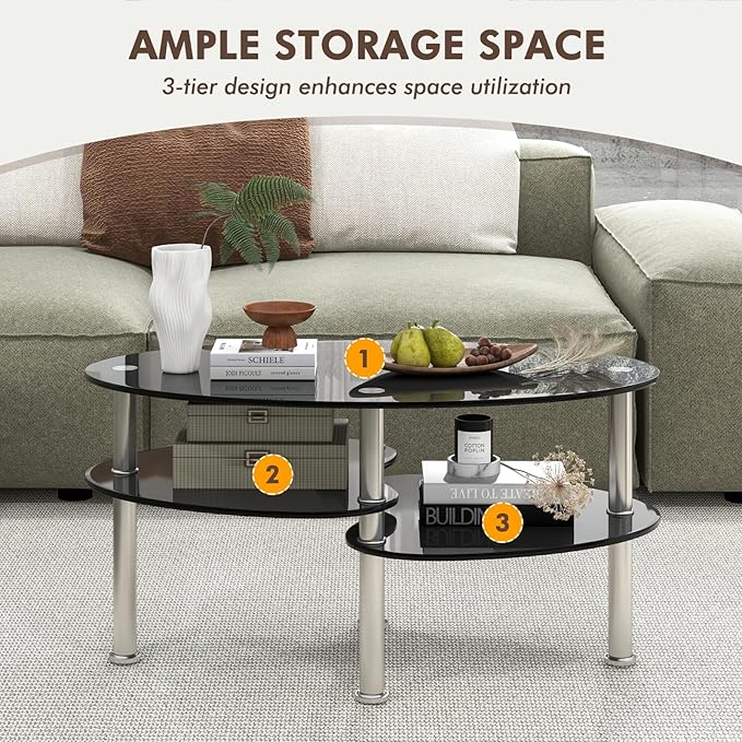 Tangkula Glass Coffee Table, 2-Tier Modern Oval Smooth Glass Tea Table End Table