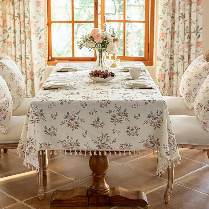 VClife Shabby Chic Pink White Floral Printed Tablecloth