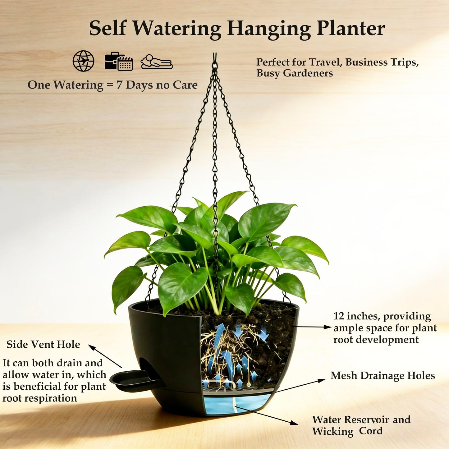 CNLBO 12 Inch Self Watering Hanging Planters 2 Pack, Indoor Outdoor Hanging Pots for Plants with Drainage Holes & Saucers, Black Plastic Hanging Baskets for Kitchen Balcony Garden